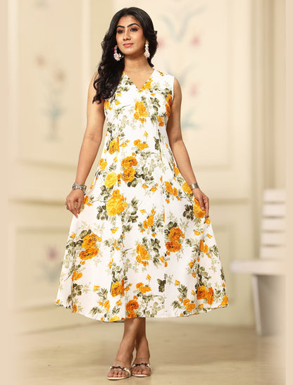 Yellow Floral Midi Dress for Women | One Piece Dress