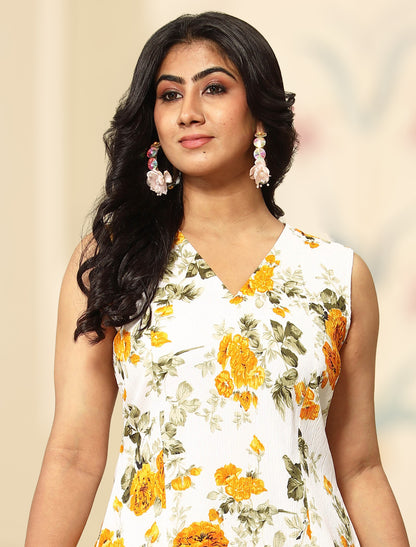 Yellow Floral Midi Dress for Women | One Piece Dress