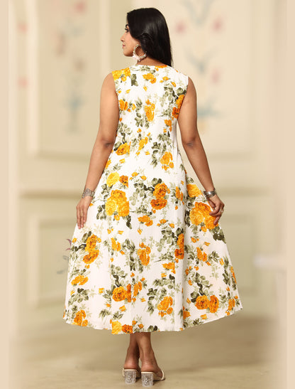 Yellow Floral Midi Dress for Women | One Piece Dress