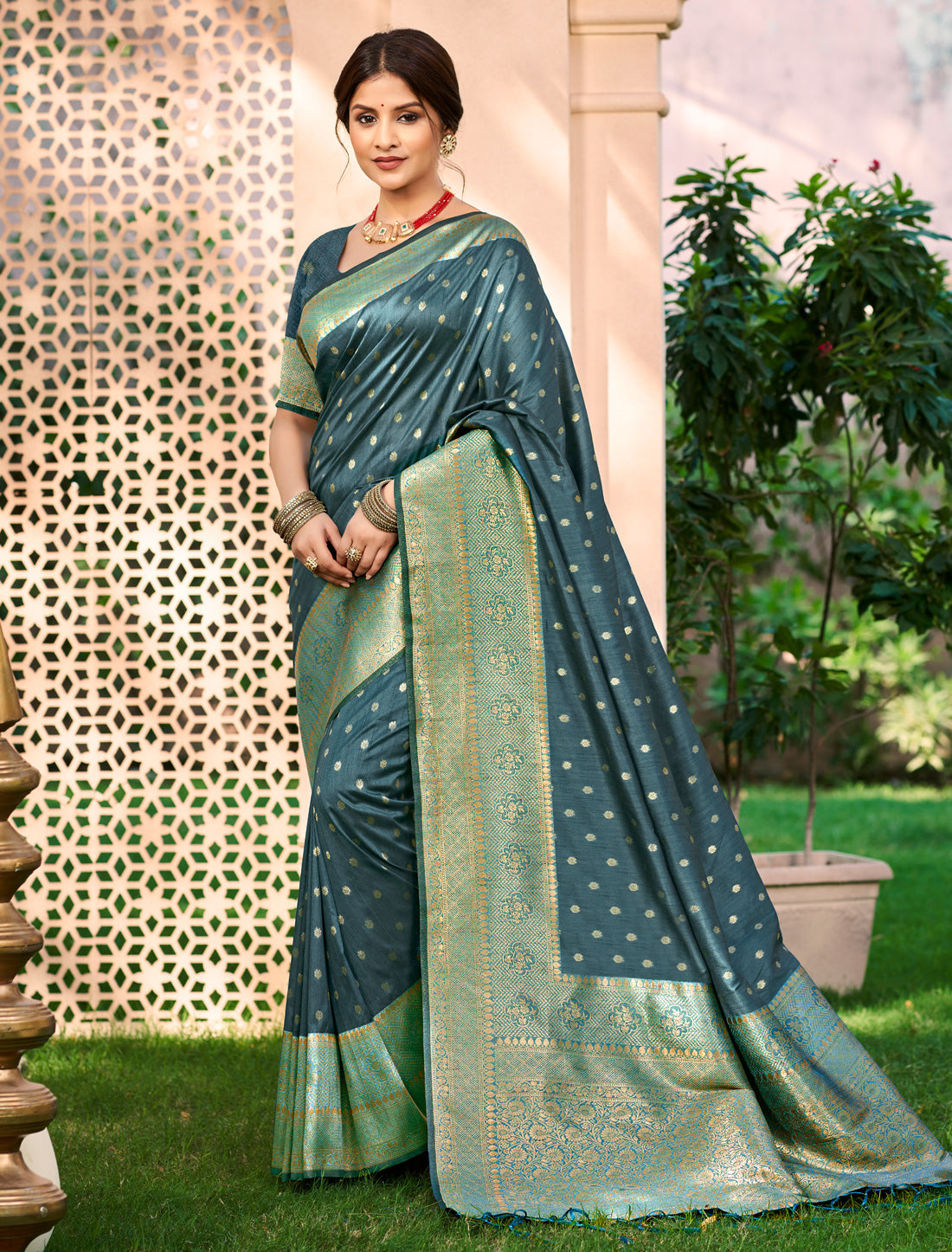 Teal Blue Assam Silk Ethnic Traditional Wear Saree