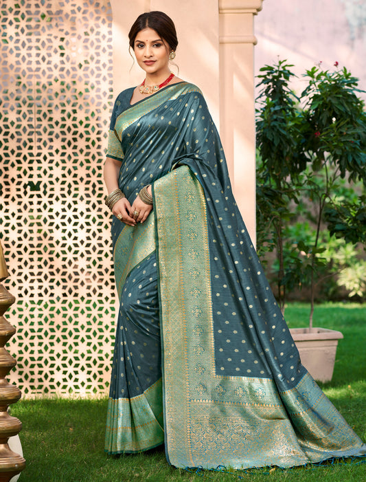 Teal Blue Assam Silk Ethnic Traditional Wear Saree