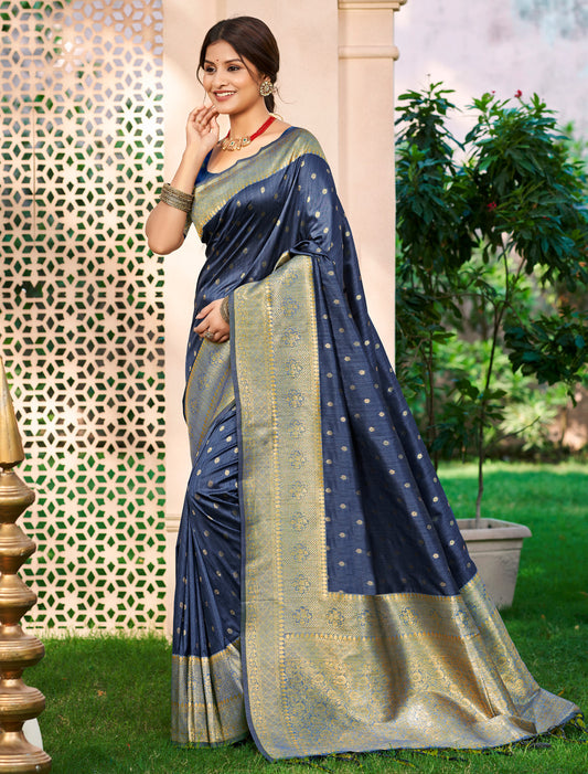 Navy Blue Assam Silk Traditional Wear Ethnic Saree