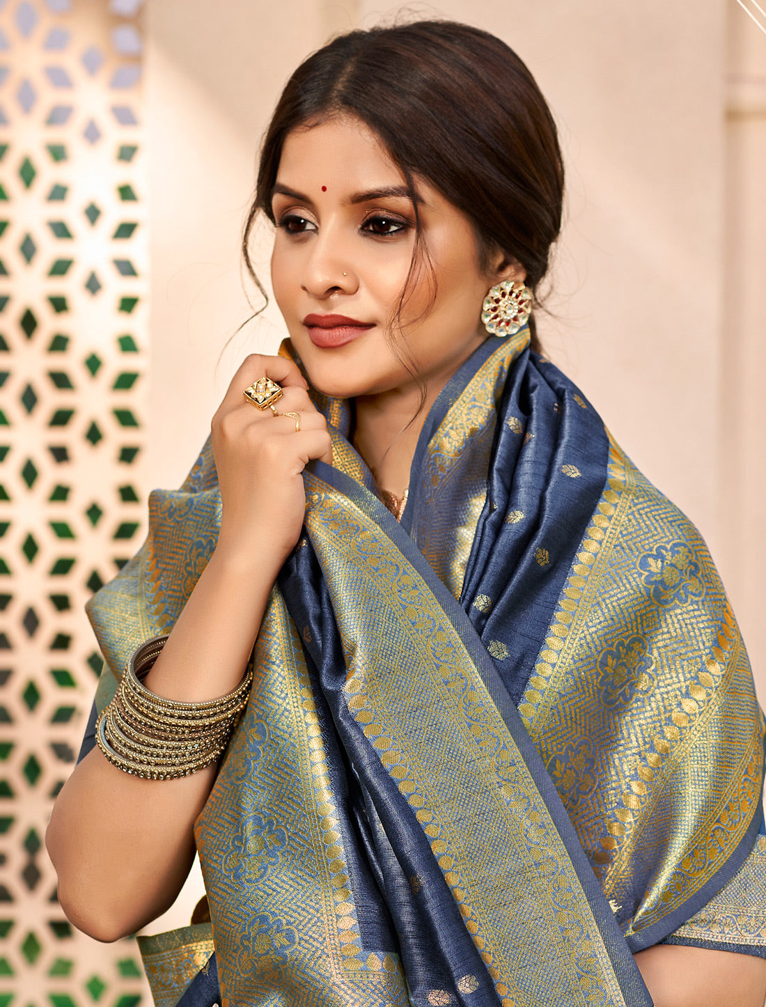 Navy Blue Assam Silk Traditional Wear Ethnic Saree