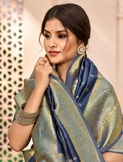 Navy Blue Assam Silk Traditional Wear Ethnic Saree