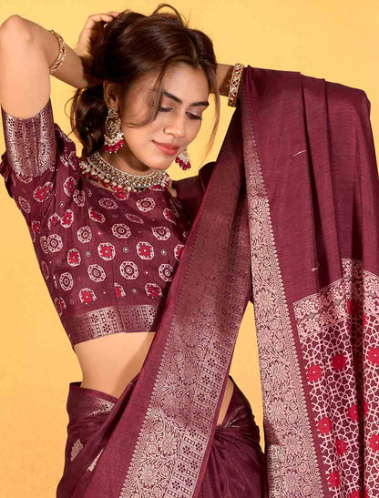 Ethnic Foil Print With Soft Dola Silk Party Wear Saree