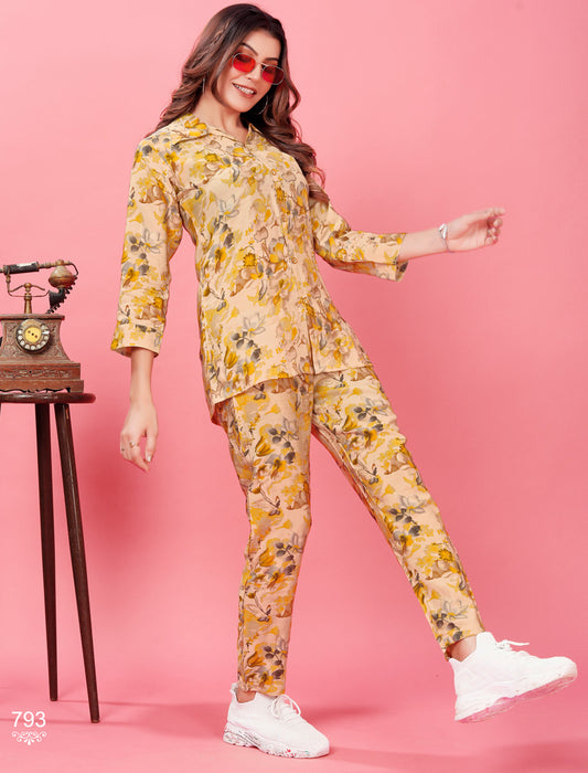 Exquisite Yellow Premium Rayon Luxurious Top & Pant Co-ord Sets for Women