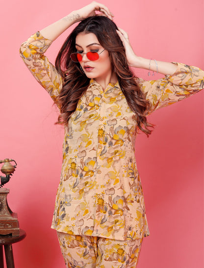 Exquisite Yellow Premium Rayon Luxurious Top & Pant Co-ord Sets for Women