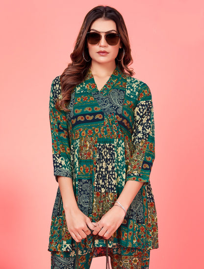 Introducing Dark Green Premium Chanderi Top & Pant Co-ord Sets for Women