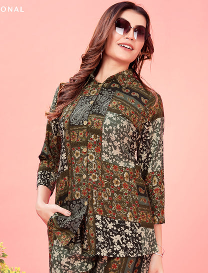 Elevate Off Dark Brown Premium Rayon Top & Pant Co-ord Sets for Women
