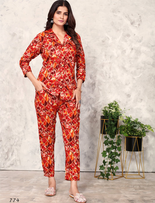 Exquisite Orange Premium Rayon Top & Pant Co-ord Sets for Women