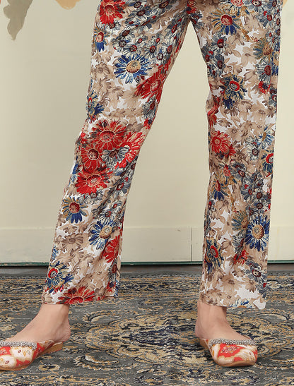 Introducing Cream & Red Premium Rayon Top & Pant Floral Co-ord Sets for Women