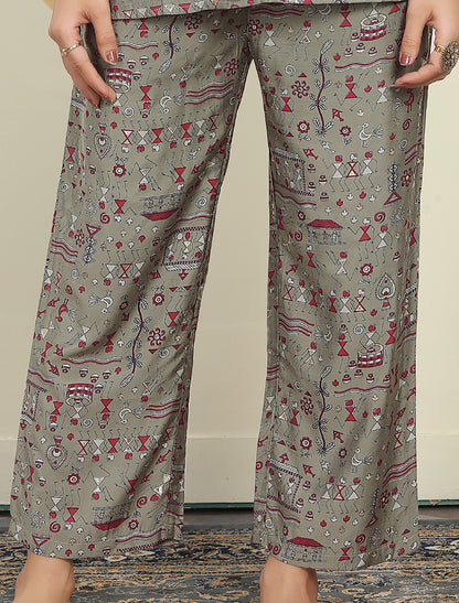 Elegance Grey & Pink Floral Premium Rayon Top & Pant Co-ord Sets for Women
