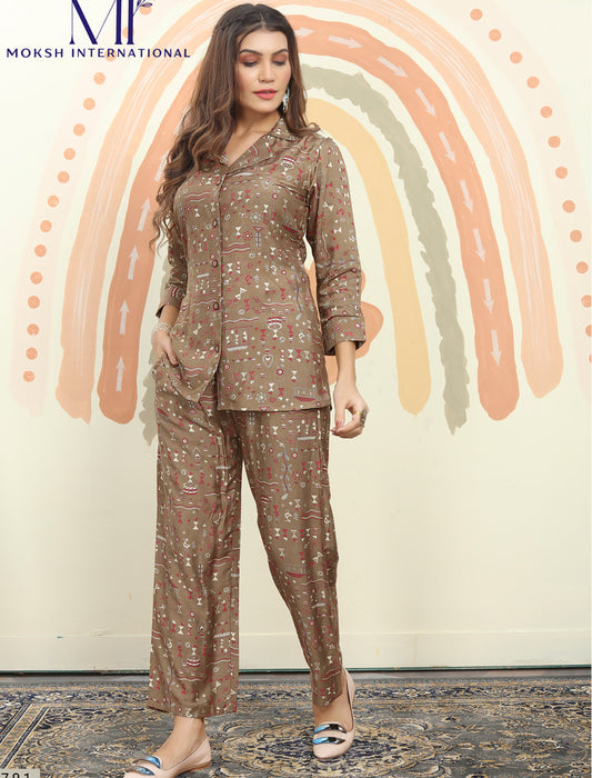 Luxurious Dark Brown Premium Rayon Top & Pant Co-ord Sets for Women