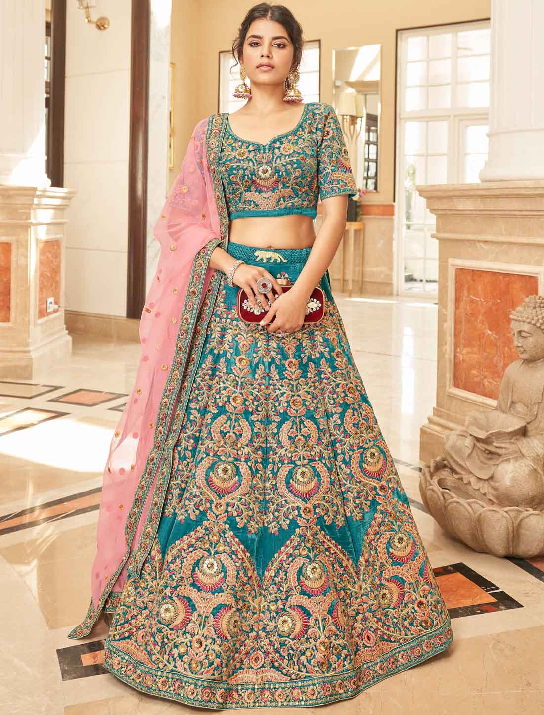 Teal Blue Velvet With Embroidery Work Premium Lehenga Choli