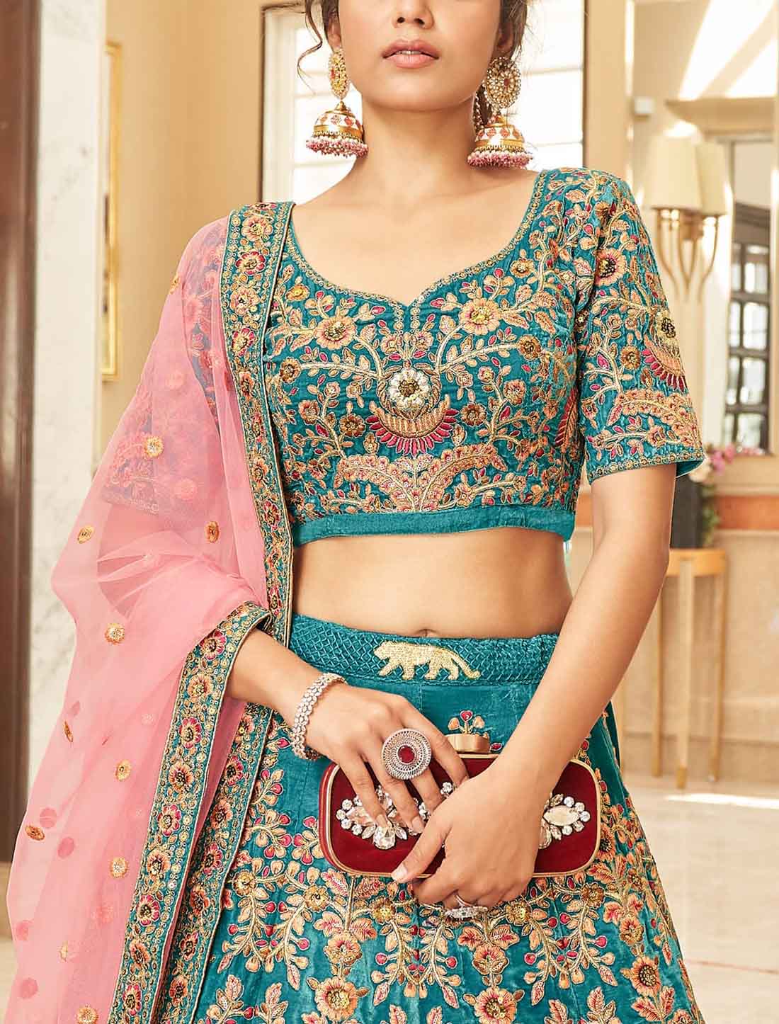 Teal Blue Velvet With Embroidery Work Premium Lehenga Choli