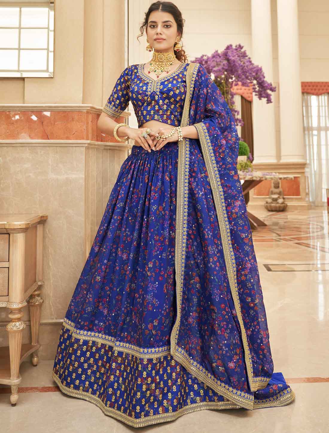 Blue Velvet With Heavy Embroidery Work Ethnic Lehenga Choli