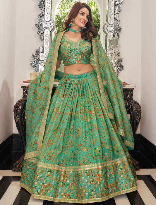 Pista Ethnic Art Silk Embroidery Work Lehenga Choli