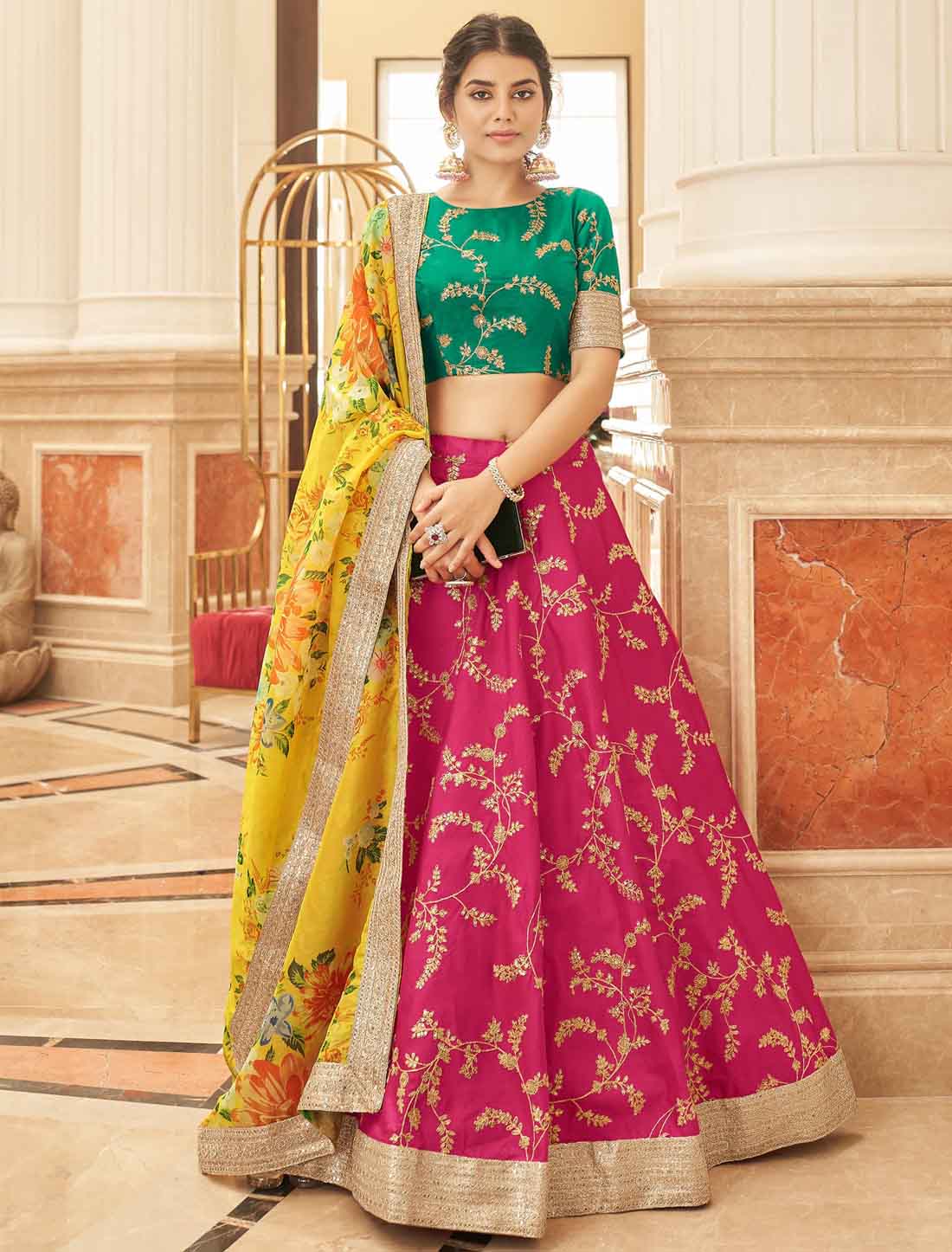 Pink Yellow Art Silk With Embroidery Work Ethnic Lehenga Choli