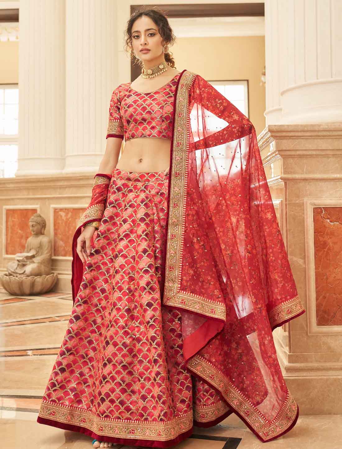 Red Art Silk Ethnic Embroidery Work Lehenga Choli