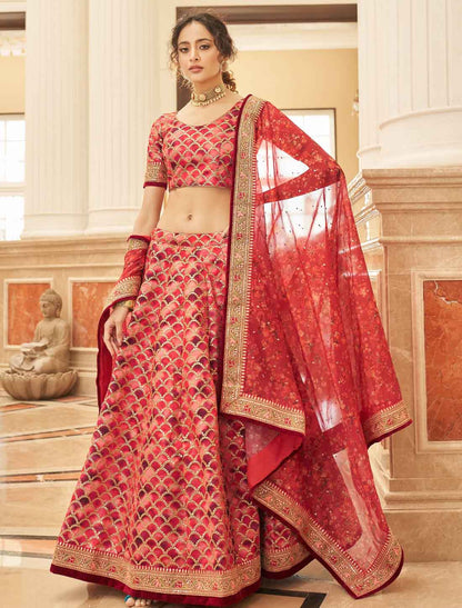 Red Art Silk Ethnic Embroidery Work Lehenga Choli