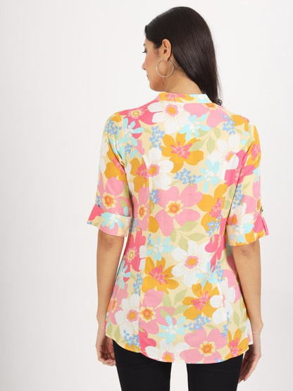 Yellow Floral Printed Fold Sleeve Viscose Rayon Casual Top