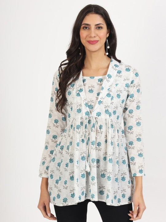 White Floral Printed Pure Cotton With Regular Sleeves Casual Top