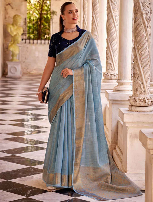 Blue Ethnic Linen Adorned Embroidery Designer Saree