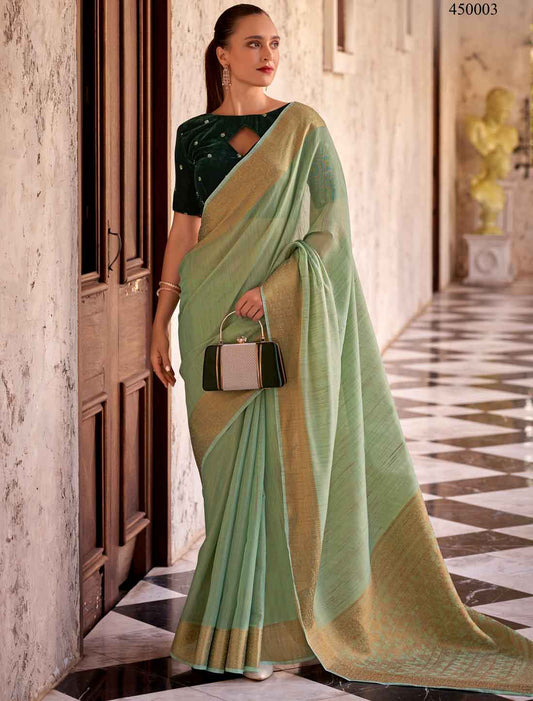 Green Ethnic Linen Embroidery Work Designer Saree