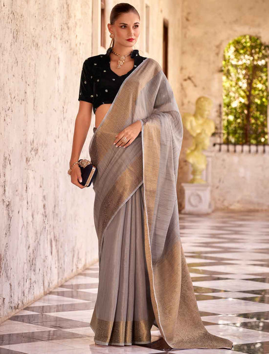 Grey Ethnic Linen Velvet Emboridery Work Designer Saree