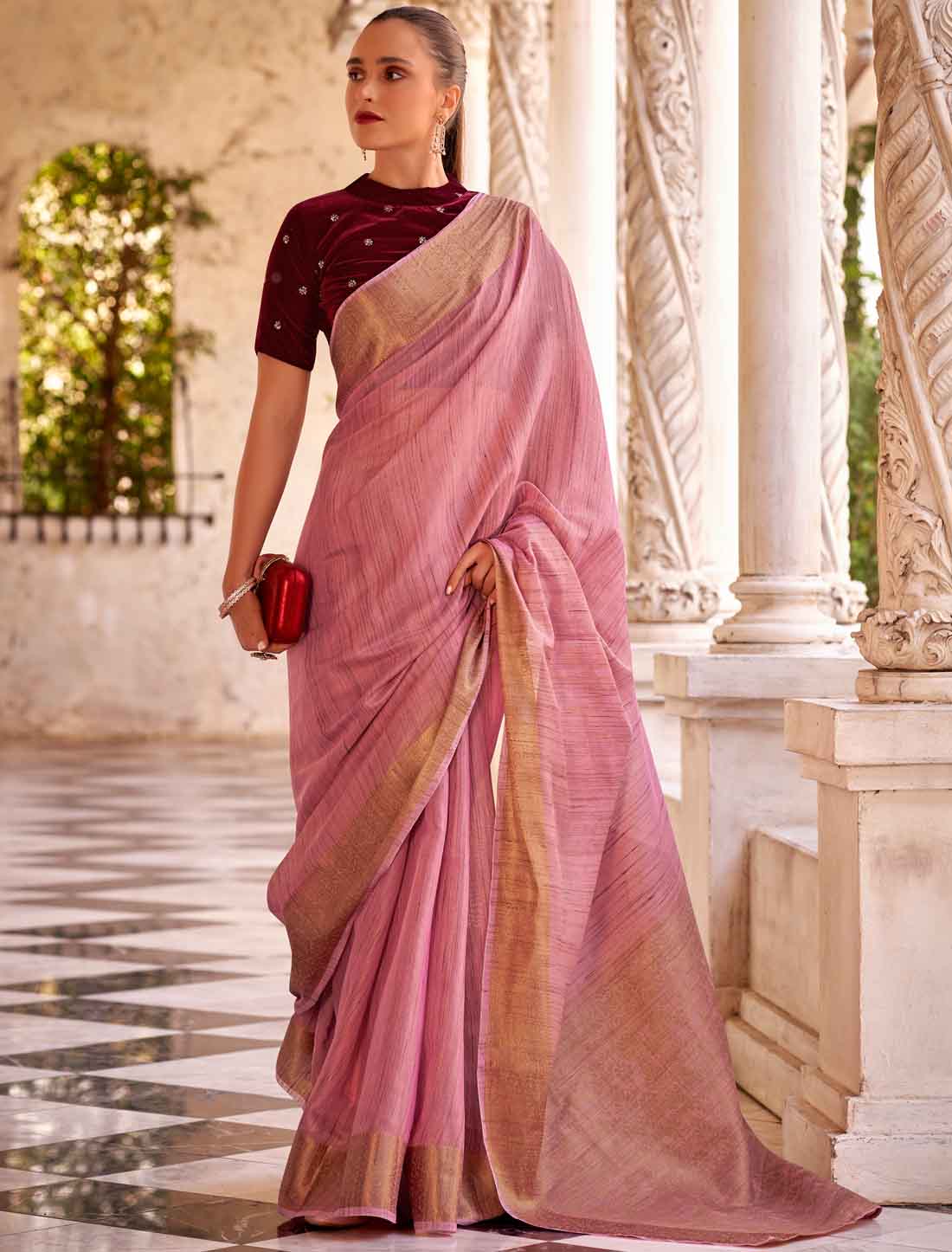 Peach Ethnic Linen Embroidery Work Designer Saree