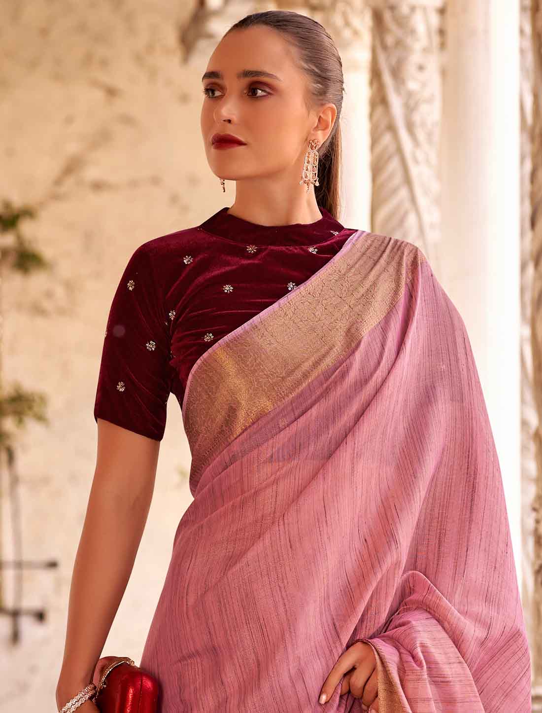 Peach Ethnic Linen Embroidery Work Designer Saree