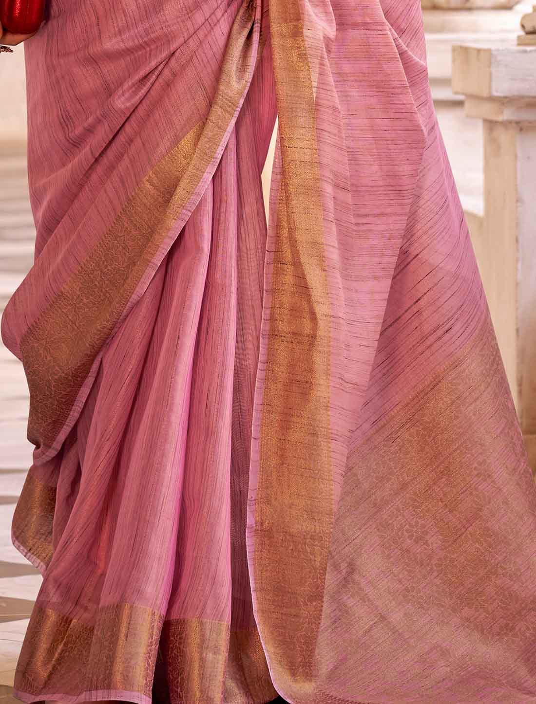 Peach Ethnic Linen Embroidery Work Designer Saree