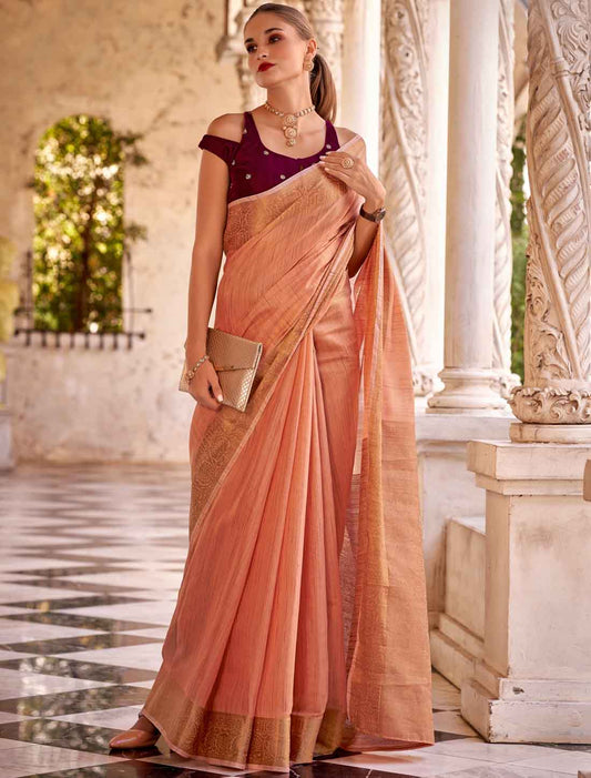 Orange Fancy Linen Embroidery Work Designer Saree