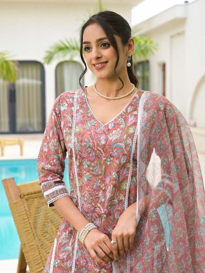 Maroon Floral Print Cotton Handblock Ethnic Kurta Set for Women