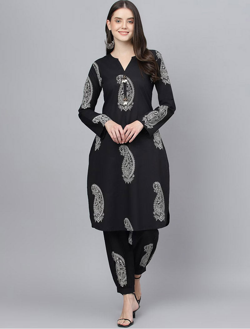 Black Cotton Straight Kurta Hem Cuffed Pant Set For Women