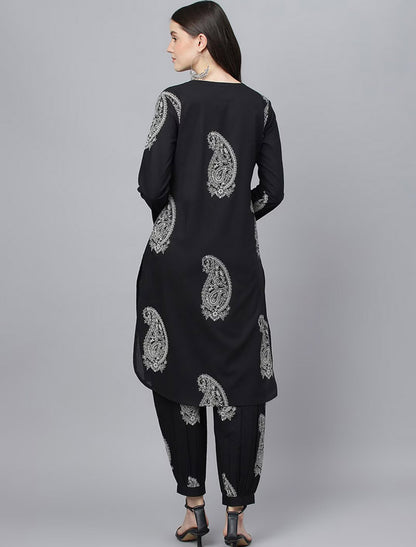 Black Cotton Straight Kurta Hem Cuffed Pant Set For Women