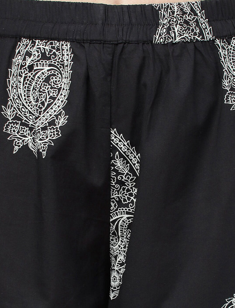 Black Cotton Straight Kurta Hem Cuffed Pant Set For Women