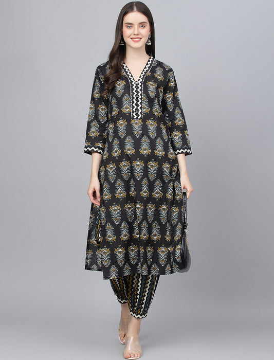 Black Ethnic Printed Gotta Patti Cotton Kurta with Patiala Kurta Sets For Women