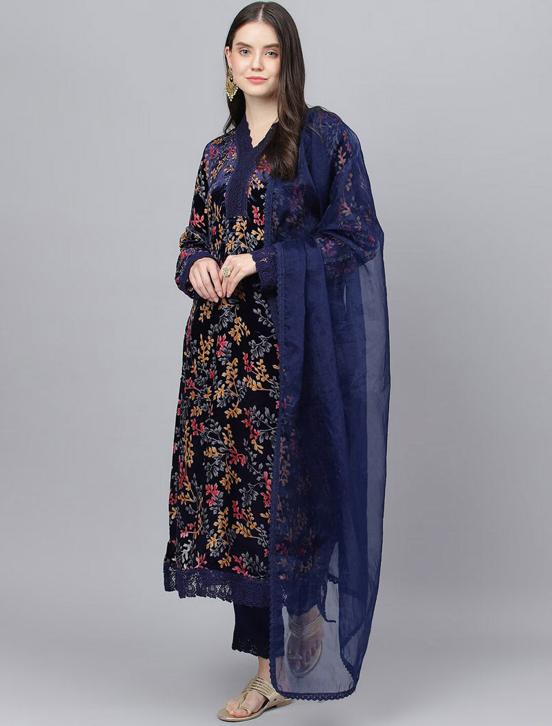 Navy Blue Ethnic Motifs Velvet Kurta with Trousers & Dupatta Kurtas Sets For Women