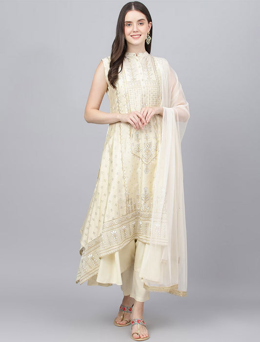 Cream Ethnic Women Chanderi Silk Kurta Set with Dupatta