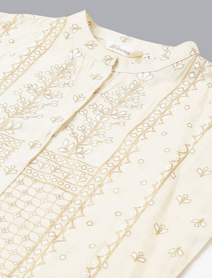 Cream Ethnic Women Chanderi Silk Kurta Set with Dupatta