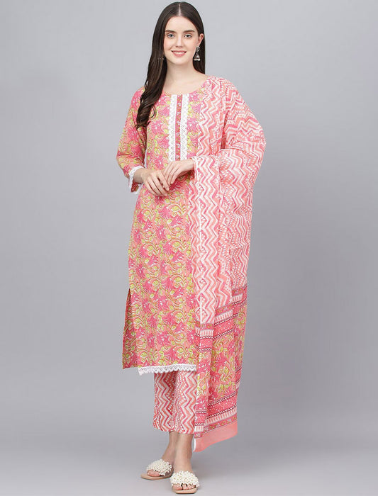 Pink Ethnic Printed Cotton Kurta with Trousers & Dupatta Kurtas Sets