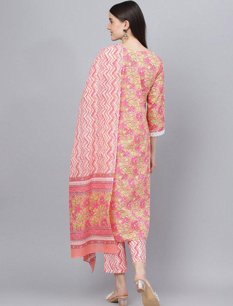 Pink Ethnic Printed Cotton Kurta with Trousers & Dupatta Kurtas Sets