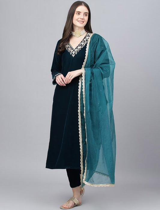 Teal Blue Embroidered Velvet Kurta with Trousers & Dupatta Kurta Sets For Women