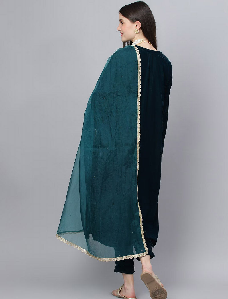 Teal Blue Embroidered Velvet Kurta with Trousers & Dupatta Kurta Sets For Women