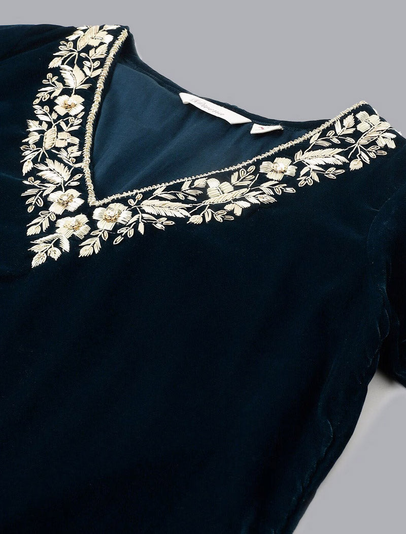 Teal Blue Embroidered Velvet Kurta with Trousers & Dupatta Kurta Sets For Women