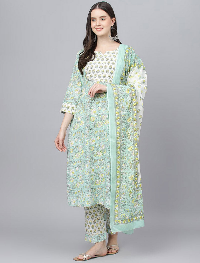 Ethnic Green Floral Printed Cotton Women Kurta Sets with Trousers & Dupatta