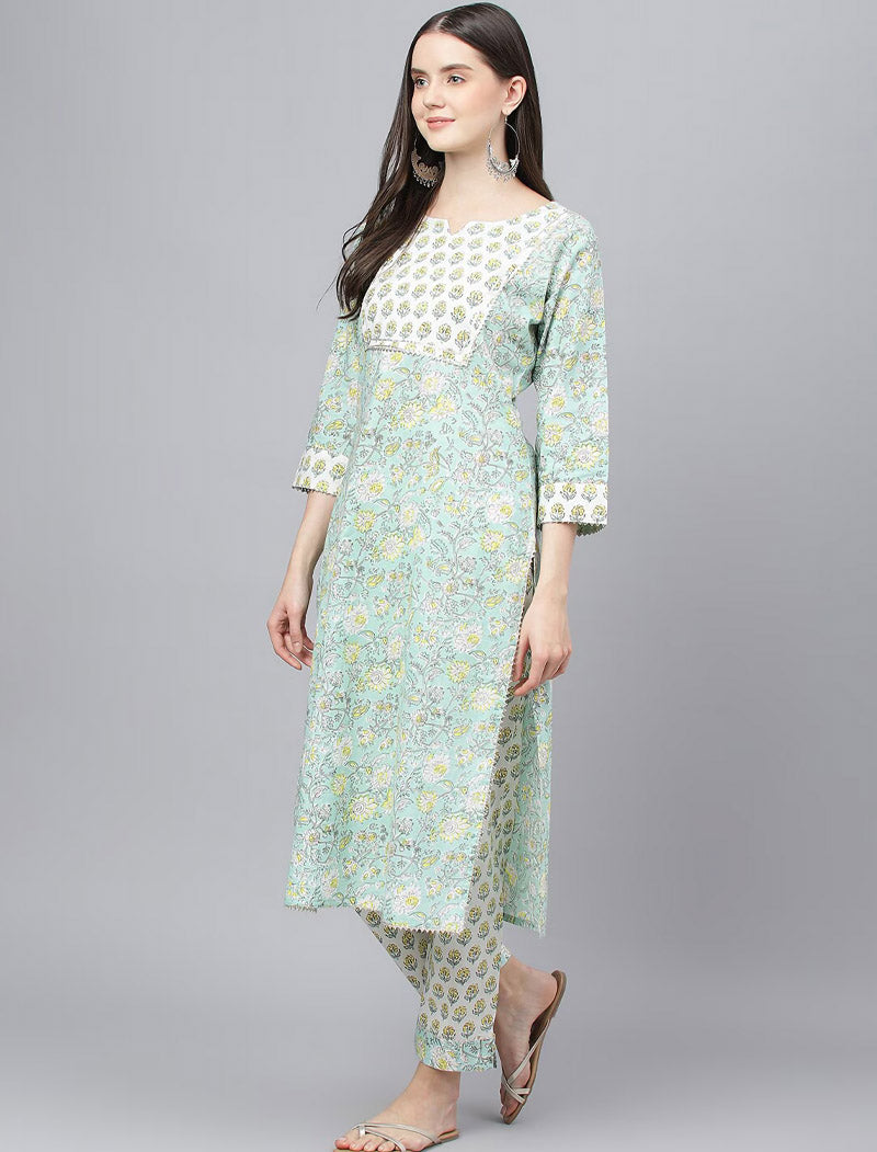 Ethnic Green Floral Printed Cotton Women Kurta Sets with Trousers & Dupatta