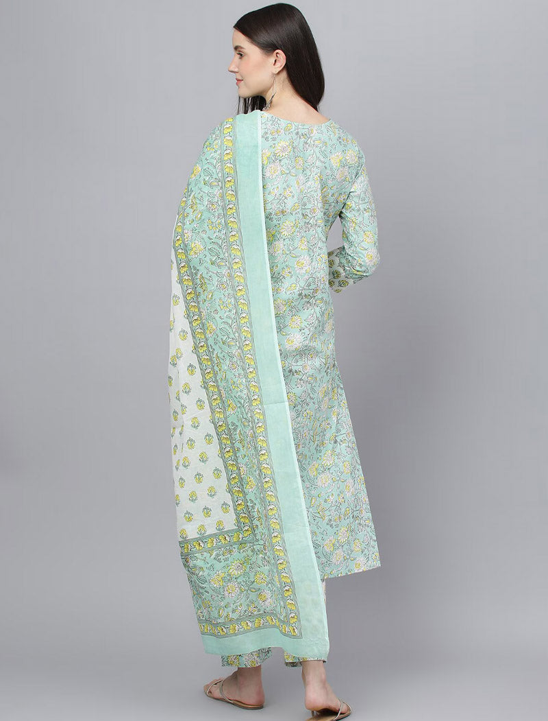 Ethnic Green Floral Printed Cotton Women Kurta Sets with Trousers & Dupatta