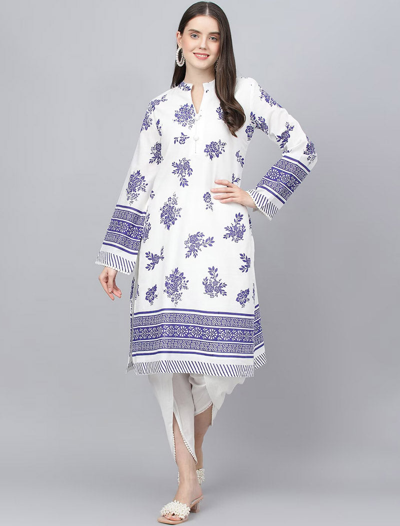 White Floral Printed Pure Cotton Kurta with Dhoti Pants Kurta Sets For Women